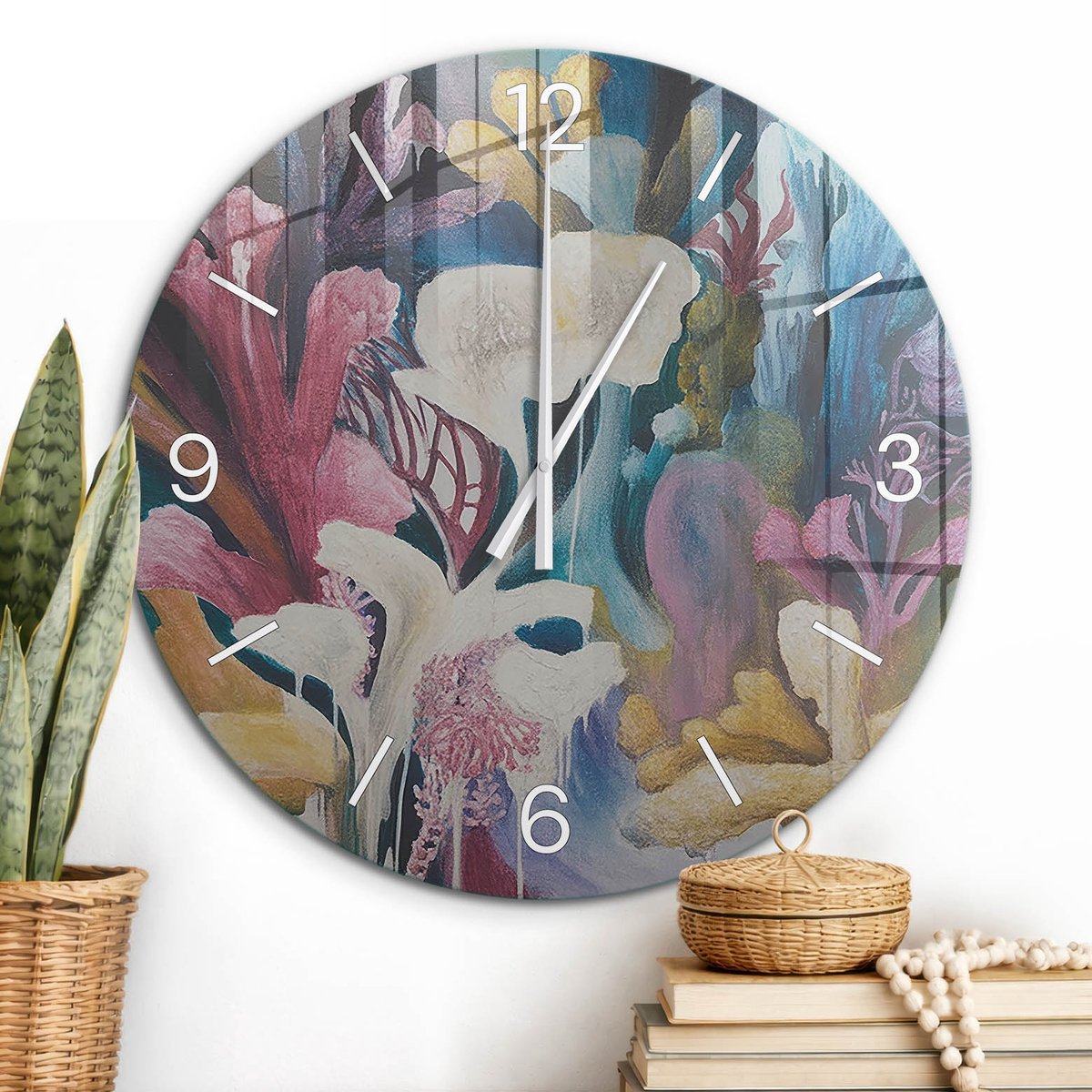 ArtPrintCave Turkoois Glazen Klok - Wandklok 60 cm - Muurklok Rond - Kleurrijke Flora Wandklok Keuken - Bloemen En Planten Unieke Klok - Witte Klokwijzers
