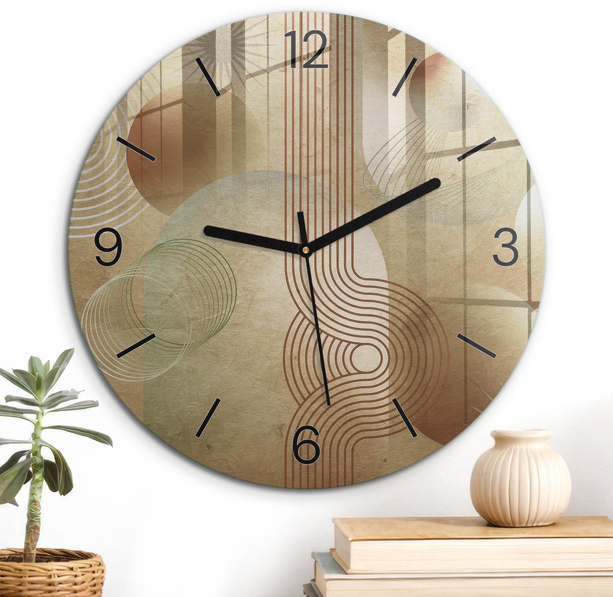 ArtPrintCave Beige Glazen Klok - Wandklok 30 cm - Muurklok Rond - Abstracte Patronen Wandklok Keuken - Geometrie Unieke Klok - Zwarte Klokwijzers