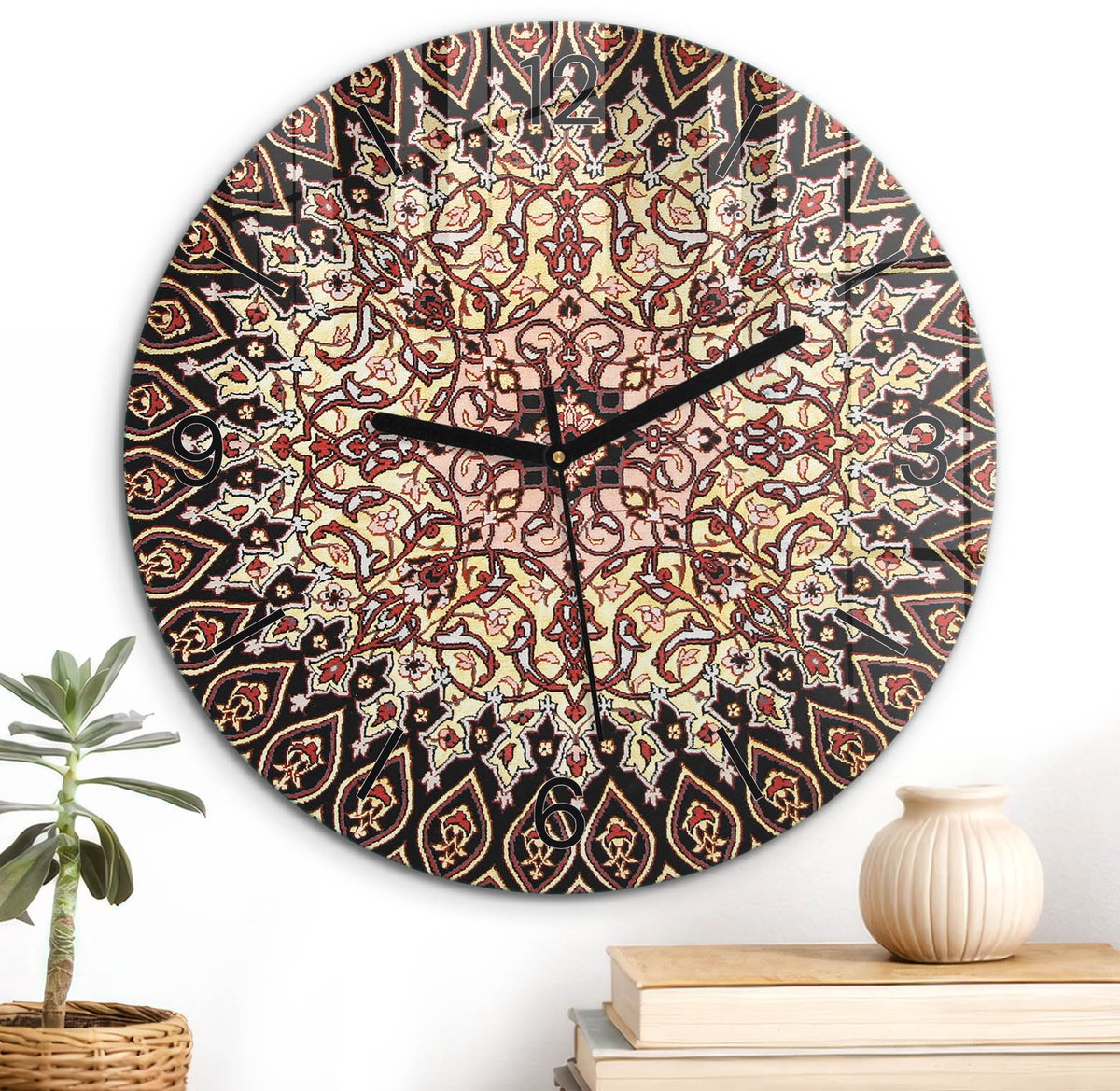 ArtPrintCave Zwart Glazen Klok - Wandklok 30 cm - Muurklok Rond - Oosterse Symmetrie Unieke Klok - Kunst Stille Wandklok - Zwarte Klokwijzers