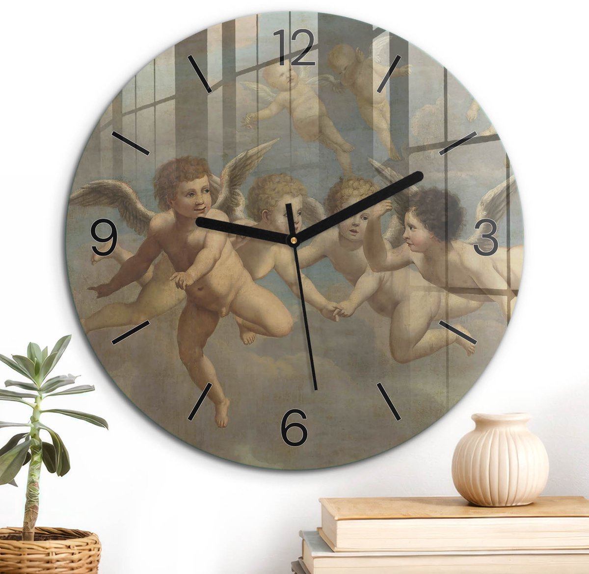 ArtPrintCave Beige Glazen Klok - Wandklok 30 cm - Muurklok Rond - Engelachtige Putti Wandklok Keuken - Natuur Unieke Klok - Zwarte Klokwijzers