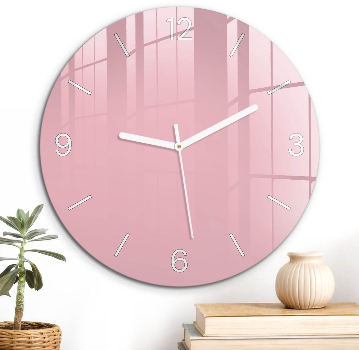 ArtPrintCave Roze Glazen Klok - Wandklok 30 cm - Muurklok Rond - Lichtroze Stille Wandklok - Abstractie Wandklok Keuken - Witte Klokwijzers
