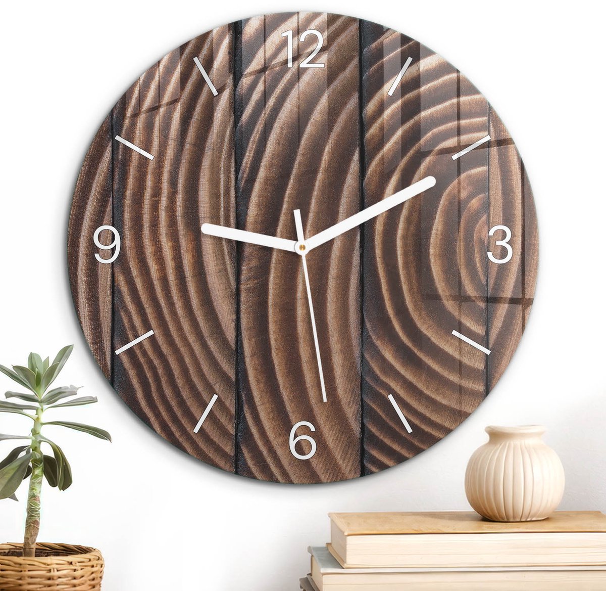 ArtPrintCave Bruin Glazen Klok - Wandklok 30 cm - Muurklok Rond - Houten Ringen Wandklok Keuken - Natuur Unieke Klok - Witte Klokwijzers