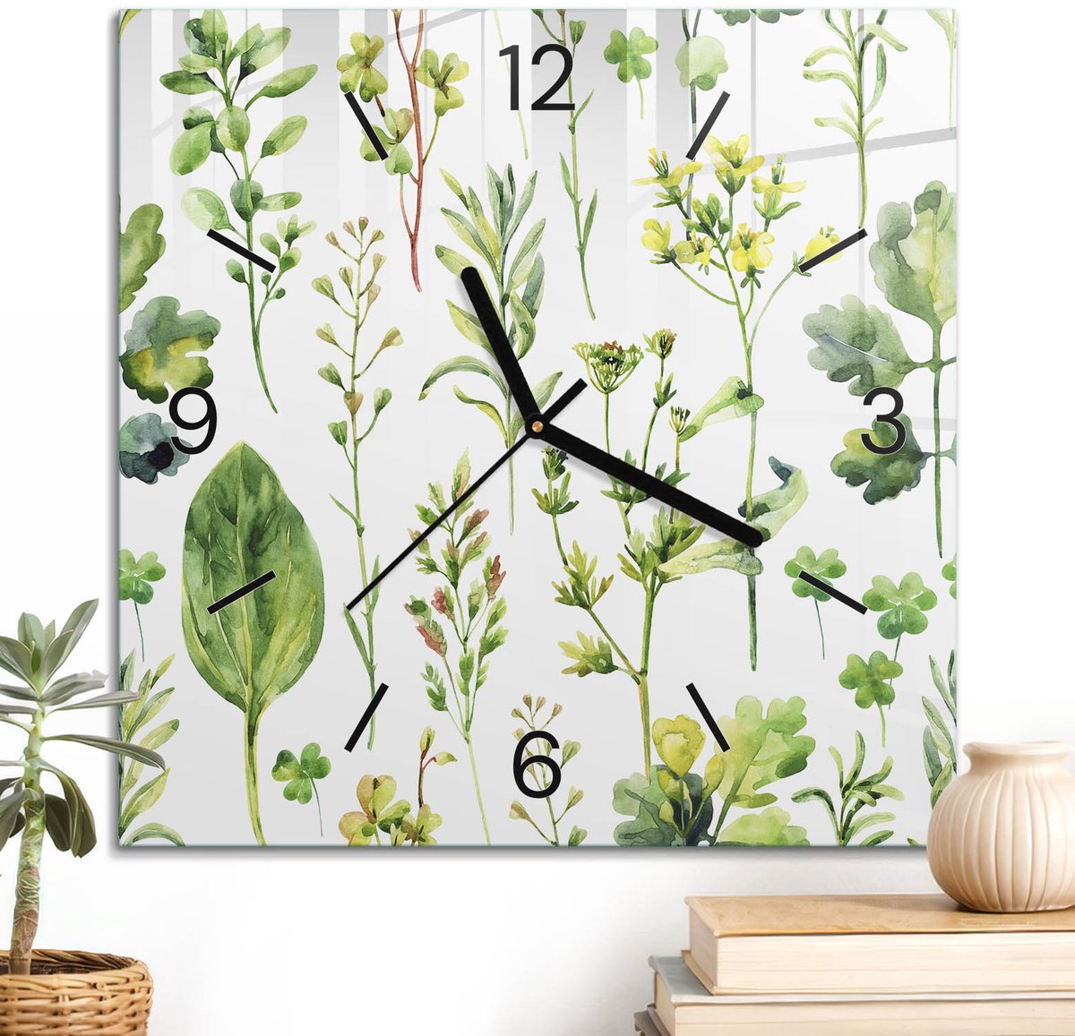ArtPrintCave Groene Glazen Klok - 30x30 cm - Wandklok Vierkant - Groene Planten Stille Wandklok - Natuur Wandklok Keuken - Zwarte Klokwijzers