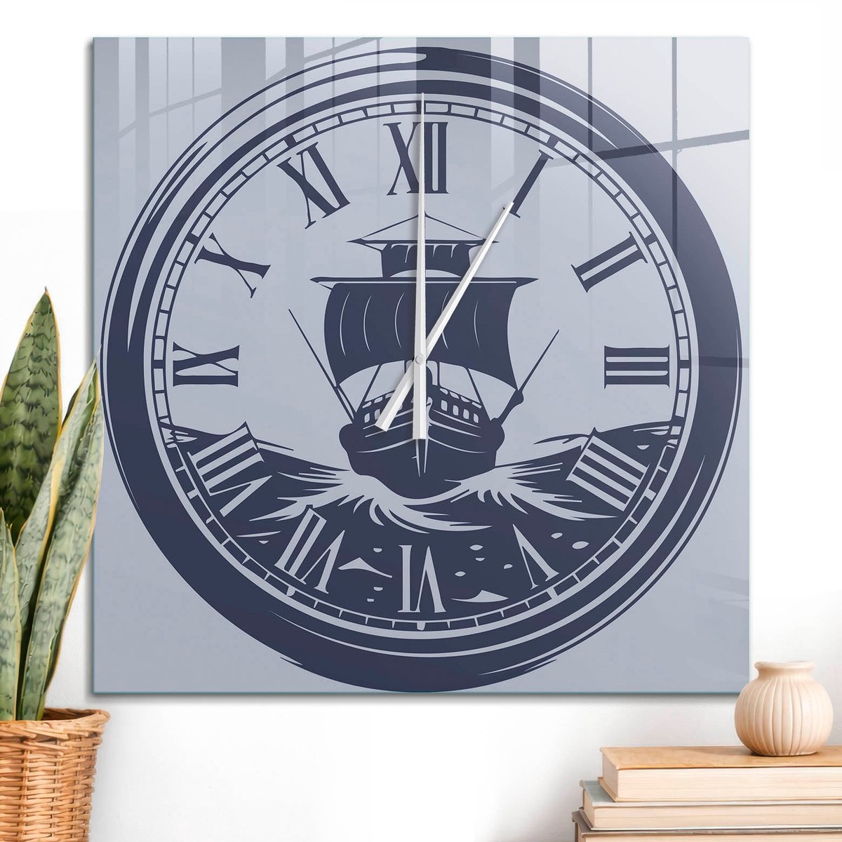ArtPrintCave Marine Glazen Klok - 60x60 cm - Wandklok Vierkant - Zeilschipwacht Wandklok Keuken - Abstractie Unieke Klok - Witte Klokwijzers