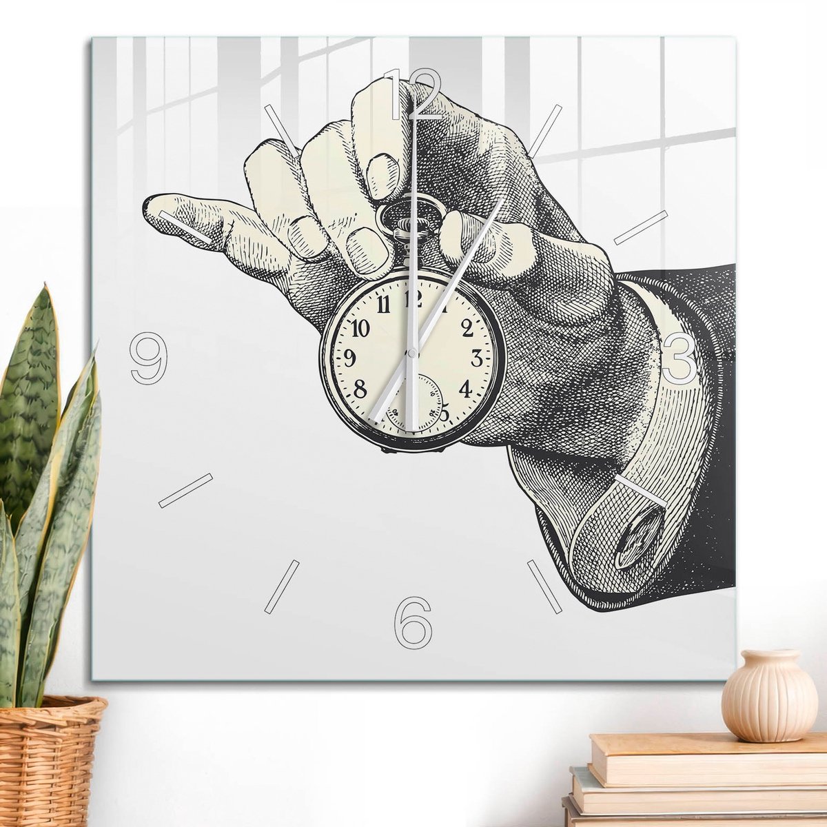 ArtPrintCave Zwart-wit Glazen Klok - 60x60 cm - Wandklok Vierkant - Tijd En Elegantie Stille Wandklok - Mensen Wandklok Keuken - Witte Klokwijzers