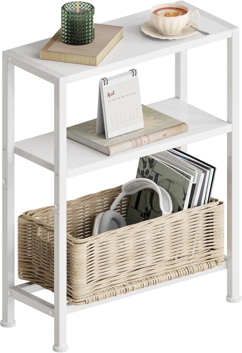 Vellaro Bijzettafel verstelbaar - Wit - 18 x 43 x 56,5 cm - Smal Nachtkastje met 3 Opbergvakken - Voor Kleine Ruimtes