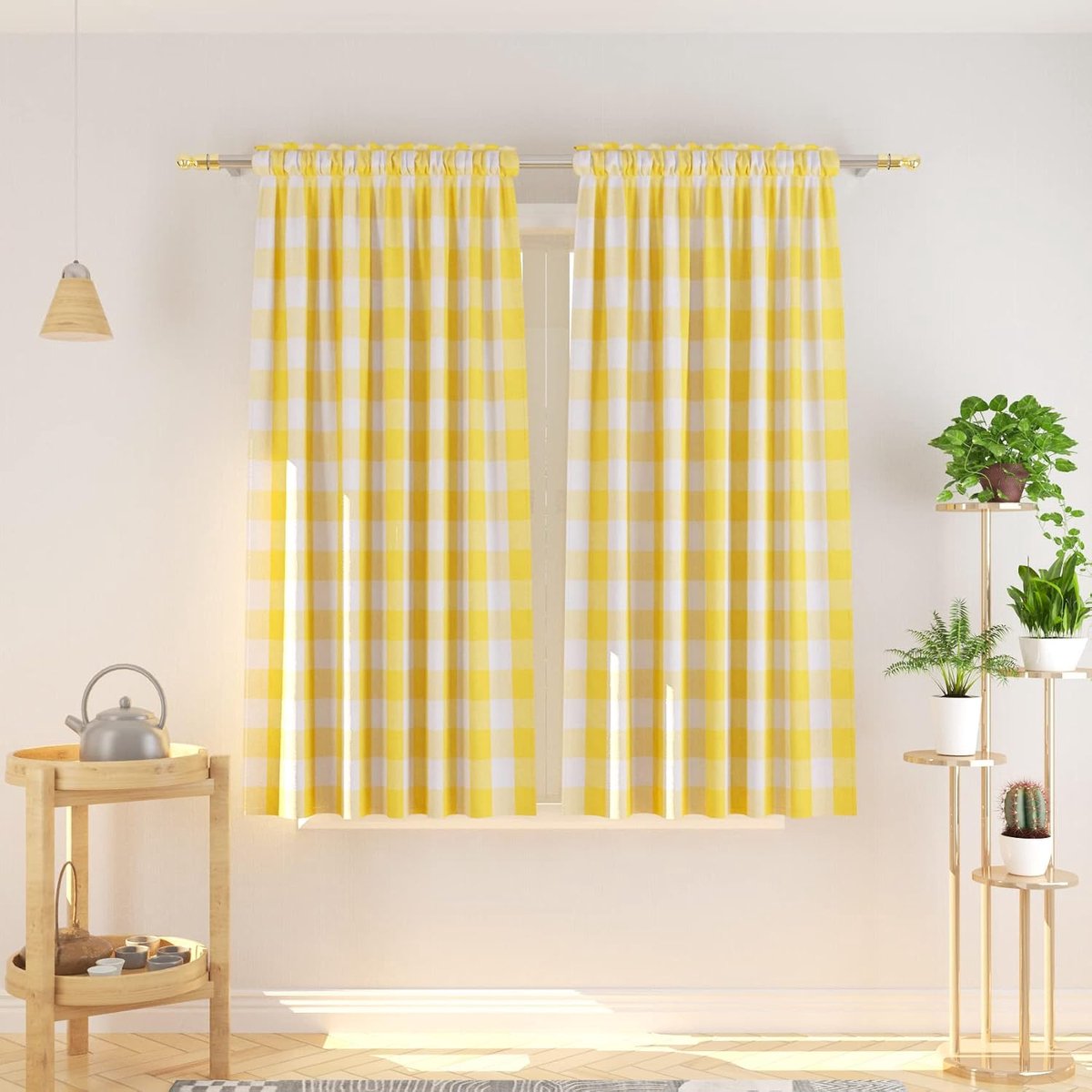 Geruite gordijnen 45 inch lang katoen kelder geel en wit gingham geruite keuken raampanelen woonkamer damgordijnen slaapkamer staaf zak raambehandeling 2 panelen