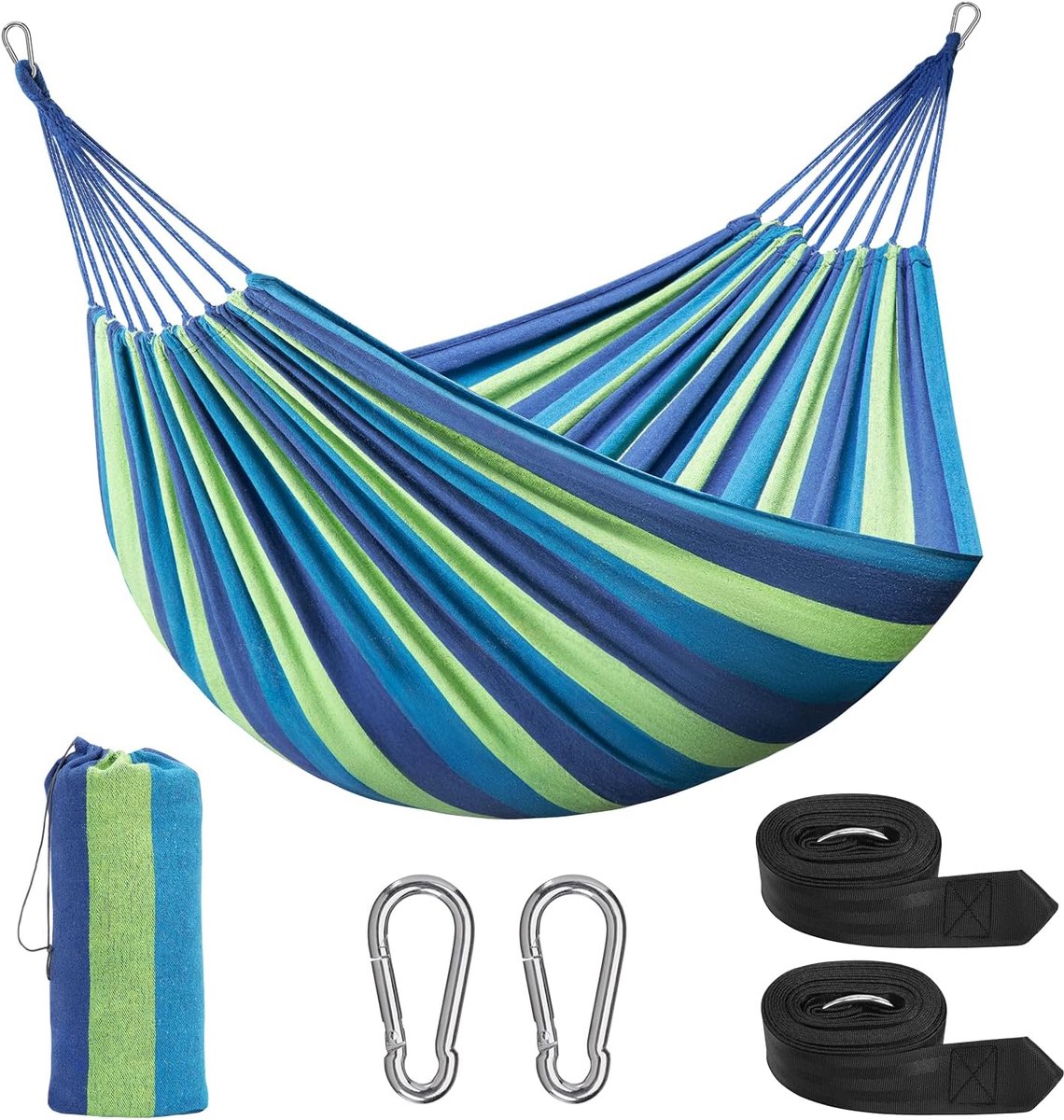 Outdoor Katoenen Hangmat (230 x 150 cm), Draagvermogen tot 300 kg Draagbaar met Draagtas voor Patio Yard Garden 2 Person Outdoor Camping Garden Beach Travel Canvas Hangmat (BLUE)