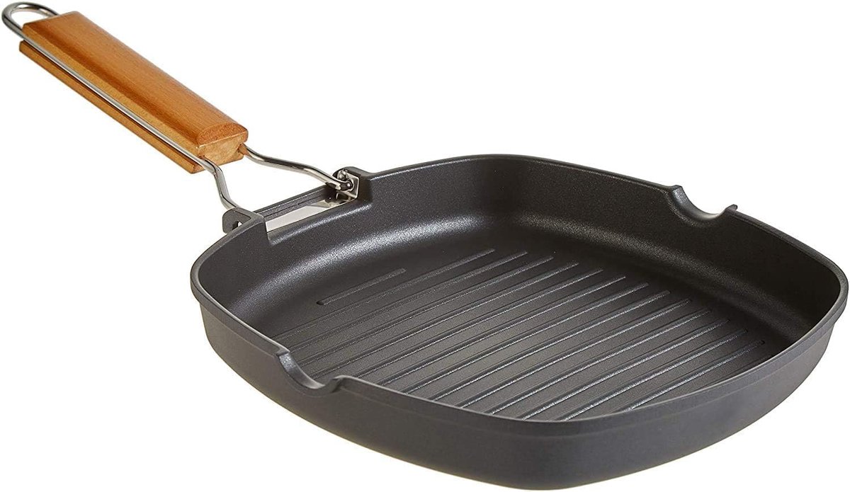 Ecostone Grillpan voor inductie, golvend, 20 x 20 cm, anti-aanbaklaag, PFOA-vrij, gegoten aluminium, dikte 5 mm, inklapbare houten handgreep, glaskeramiek, gas