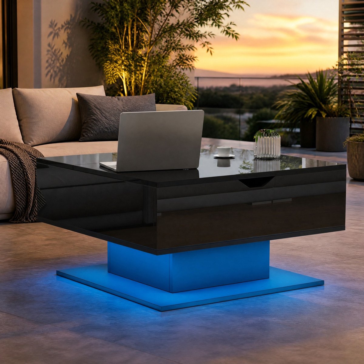 MEUNIQ Salontafel 80 x 75 x 40 cm met verstelbaar blad tot 54 cm, verborgen en halfopen opbergruimte, appgestuurde ledverlichting, hoogglans zwart