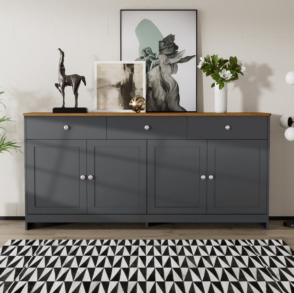 MEUNIQ Dressoir 160 x 37 x 75 cm met 3 lades, 4 deuren en verstelbare planken – grijszwart buffetkast met houtkleurig blad voor eetkamer