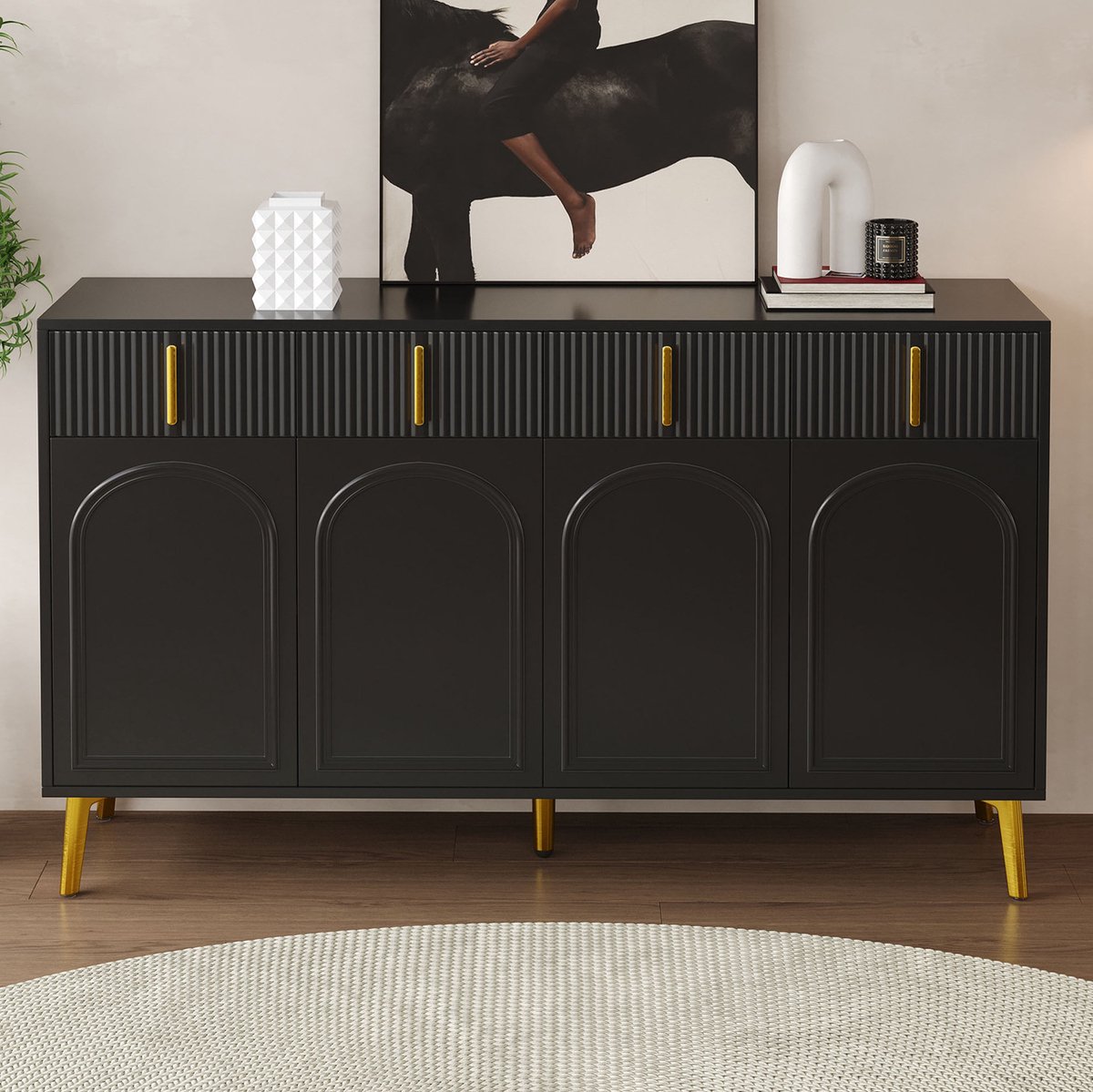MEUNIQ Dressoir 140 x 38 x 82 cm met 4 deuren, 4 lades, verstelbare legplanken, gouden handgrepen en poten voor woon- en eetkamer, zwart