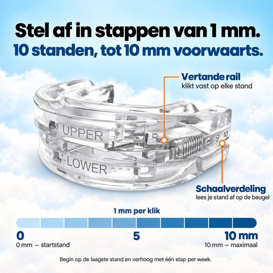Verstelbare snurkbeugel met 1mm stappen tot 10mm voorwaarts.