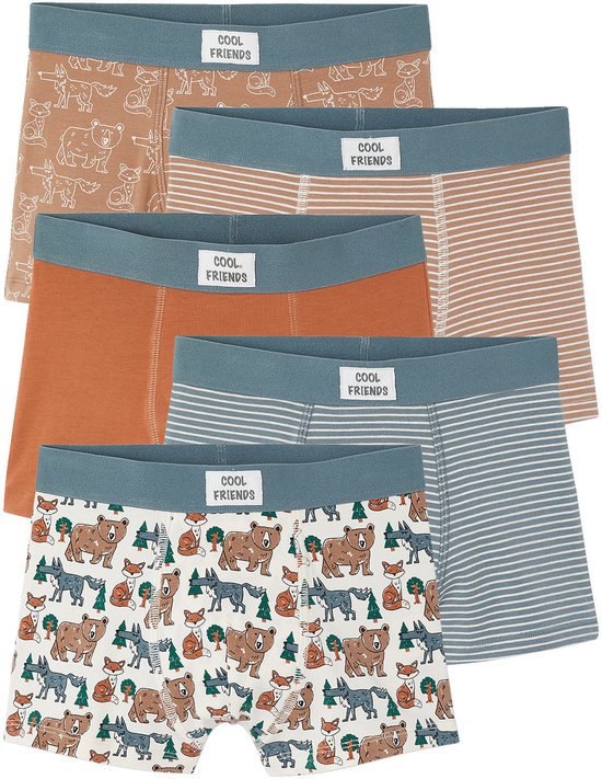 Set van 5 jongensboxers: bruin met dierenprint, gestreept bruin, effen oranje, gestreept blauw en wit met dierenprint.