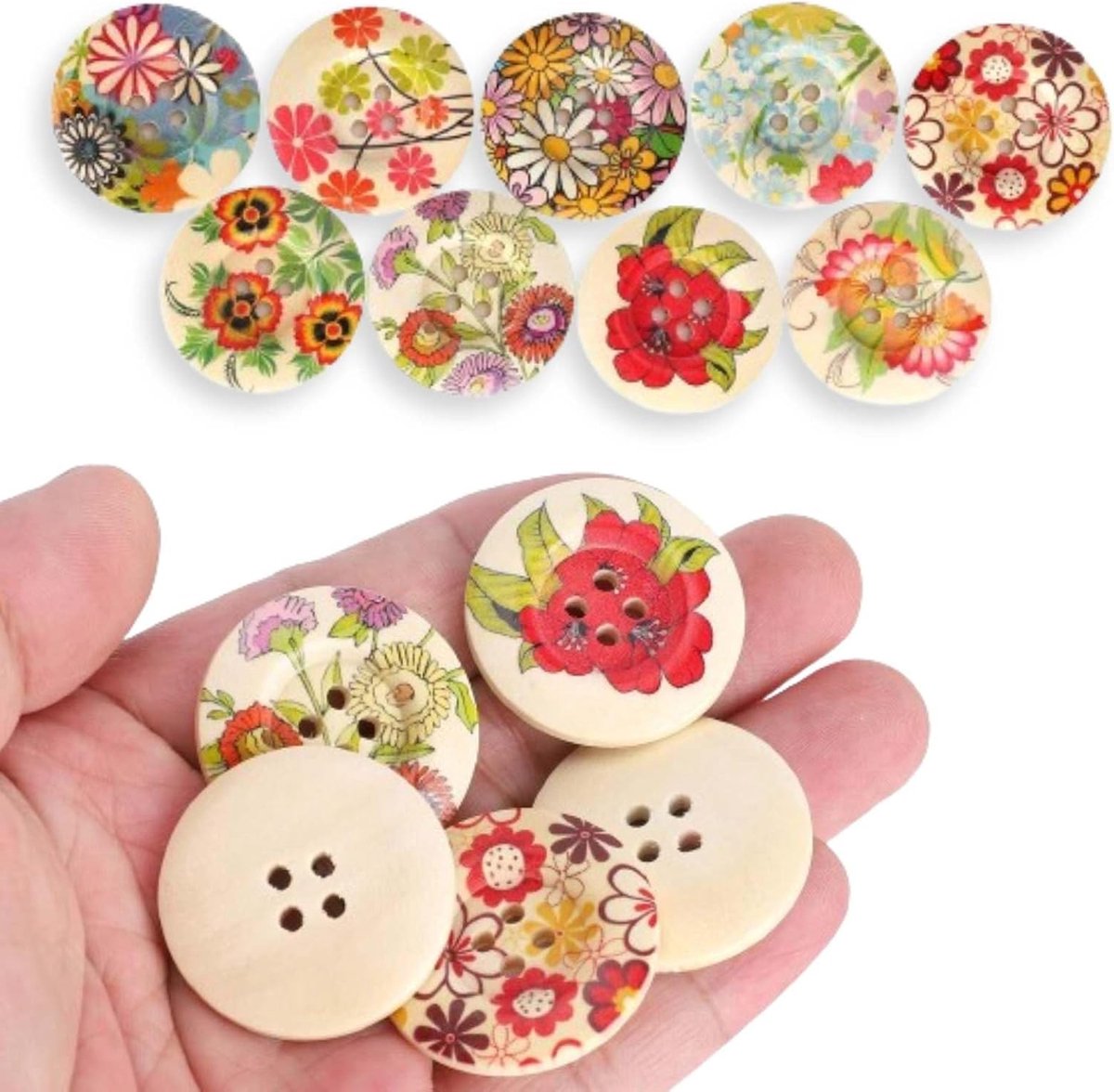 Knopen, 3 cm, kleurrijke houten knopen met 2 gaten, bloemenpatroon, ronde decoratieve knopen voor doe-het-zelvers, naaien, handwerk, kleding, accessoires, naaiknopen, decoratie