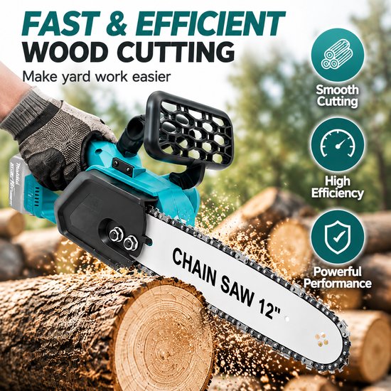 12 Inch Draadloze Accu Kettingzaag 18V 650W Max Vermogen, 2 Accu's en Complete Accessoires, Draadloze Houtzaag voor Tuin, Brandhout en Bamboe Snoeien — afbeelding 4