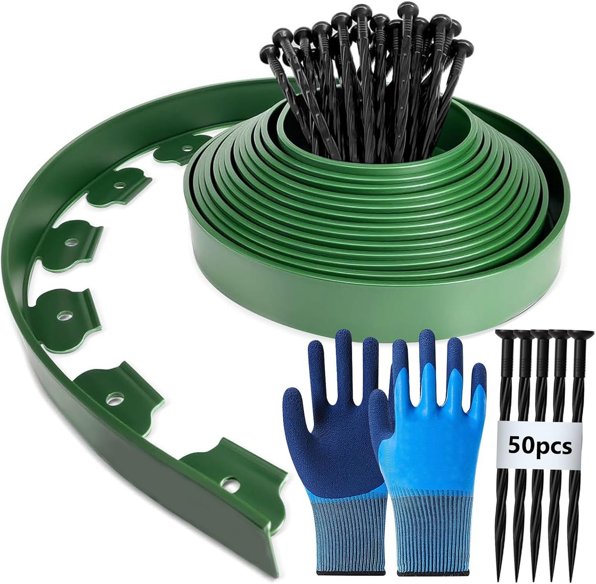 Gazonrand van kunststof, 10 m (L) x 5 cm (H) gazonranden, bloembed omranding, met 50 grondankers + 1 paar handschoenen (groen)