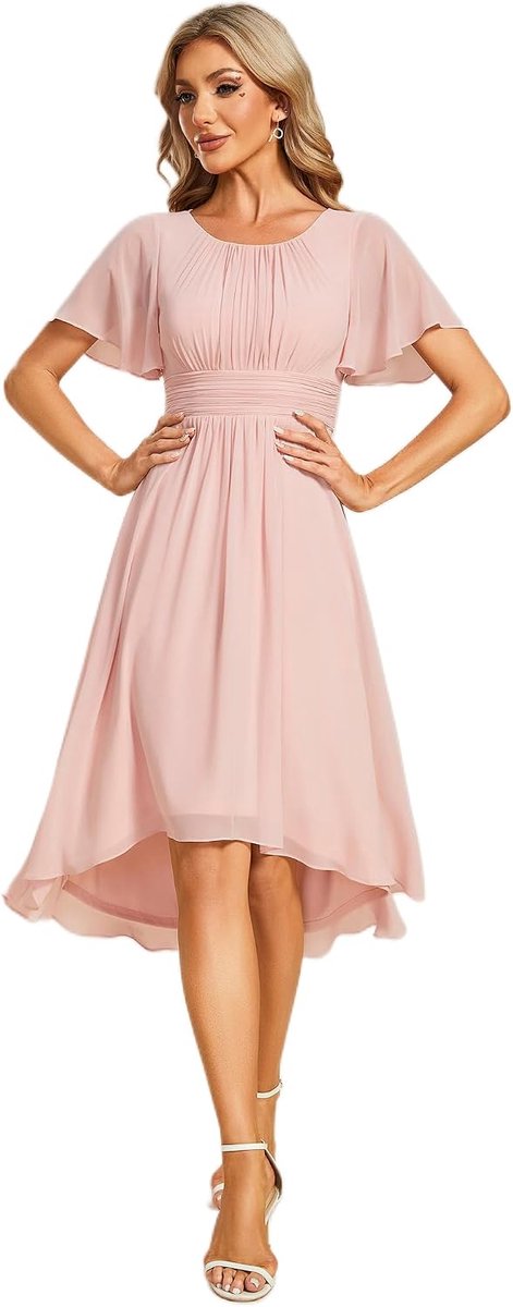 Avondjurk voor bruiloftsgasten met ruches, mouwen, chiffon, plooien, knielang, avondjurk, elegant, EG02053