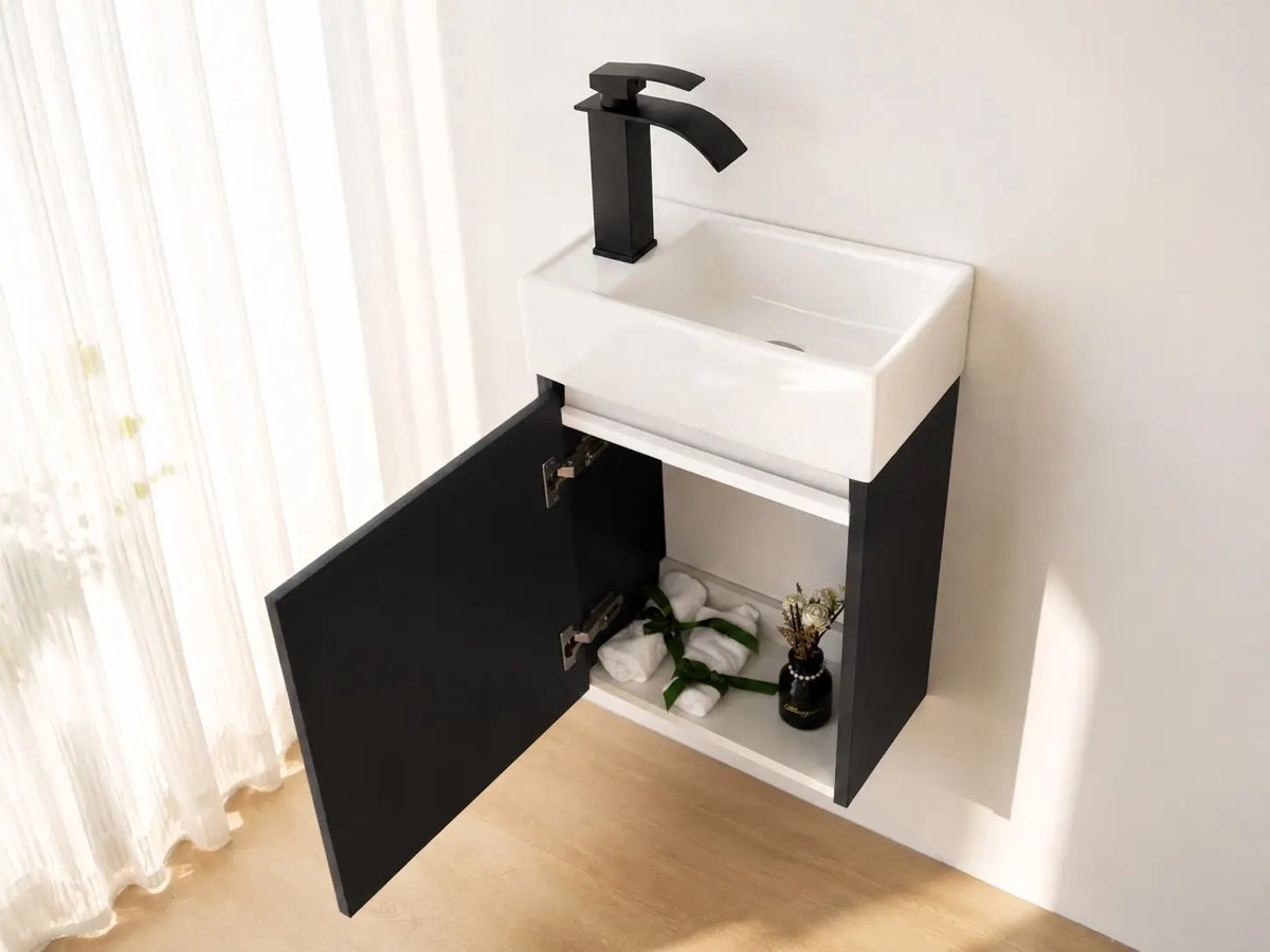 Faizee Home Alkan Badkamermeubel 40 cm Hoogglans – Met Wastafel & Kraan – Zwarte Onderkast + Wastafel + Kraan