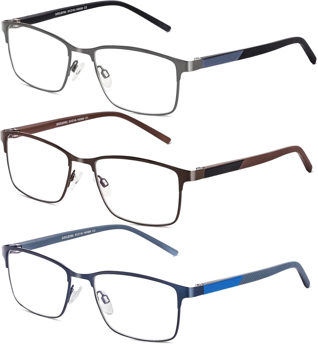 Brillen voor mannen, 3 stuks, blauwlichtblokker, computerleesbril, metalen frame met veerscharnier en etui, beschermt tegen vermoeidheid, verblindend licht, uv-licht, sterkte + 3,75