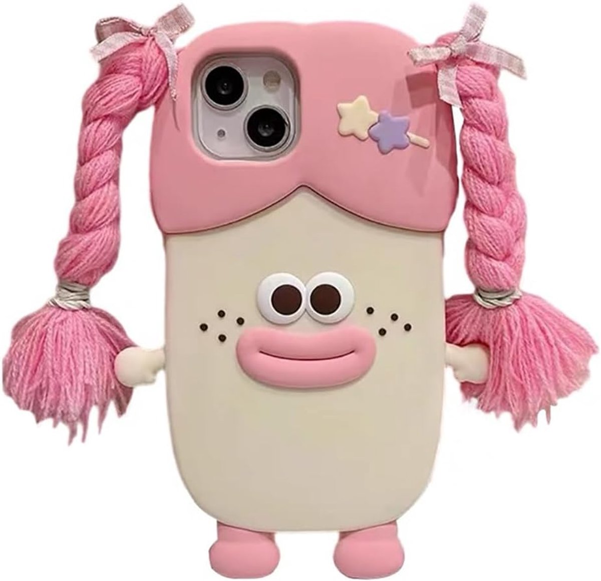 Hoesje voor iPhone 13 Pro, schattige 3D Kawaii telefoonhoesjes grappig gevlochten worst mond meisje roze cartoon cover met sleutelhanger, zachte siliconen gel valbescherming hoesje voor
