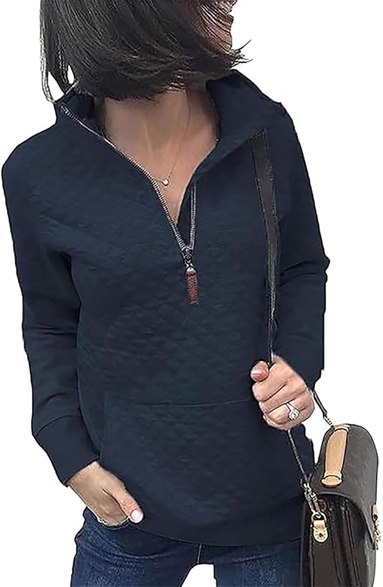Sweatshirt dames herfst winter mode ritssluiting pullover bovendeel effen licht lange mouwen trui casual gewatteerd patroon jumper blouse sweater