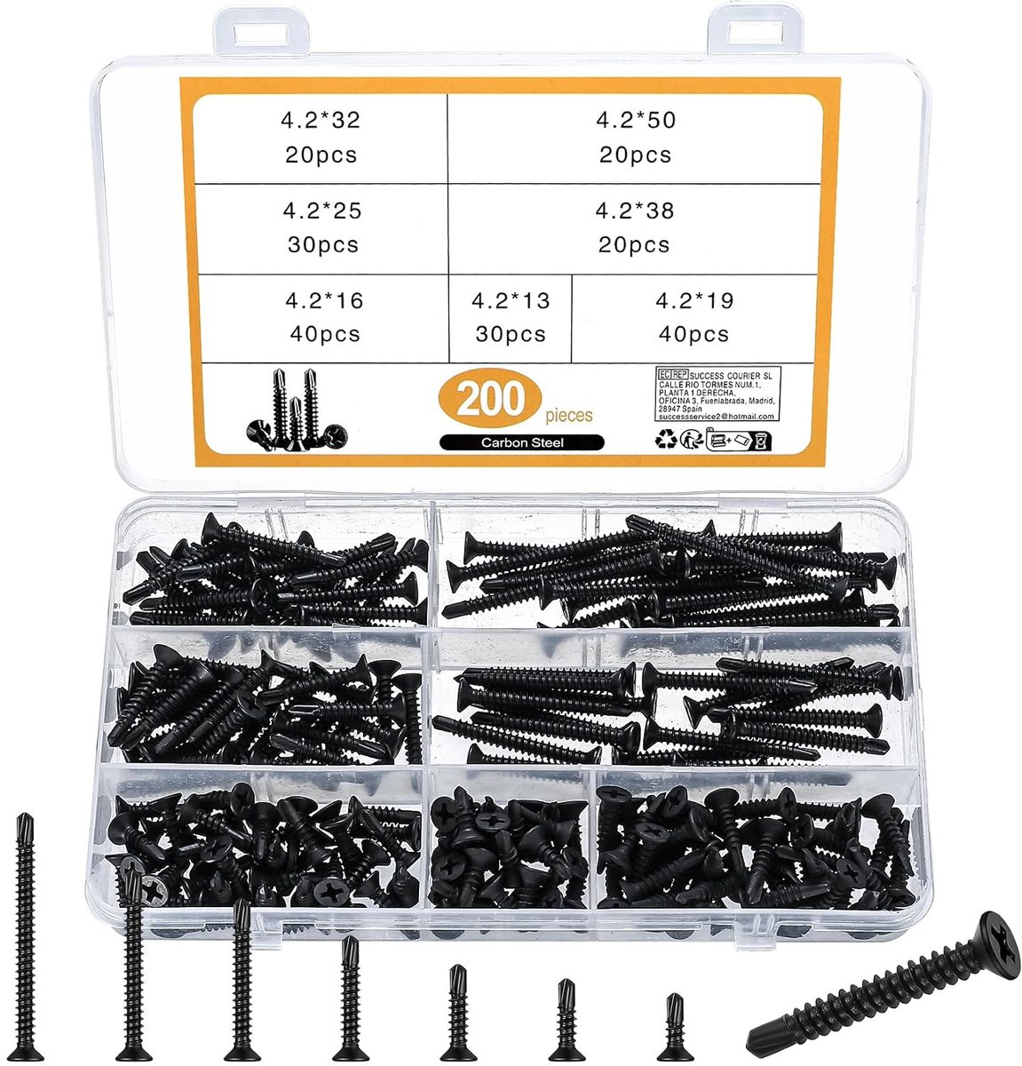 Zelfborende schroeven, kruisvormige platte kop, houtschroeven, koolstofstaal, zelftappende schroeven met booruiteinden, verzonken plaatschroeven - M4,2 x 13 mm/16 mm/19 mm/25 mm/32 mm/38