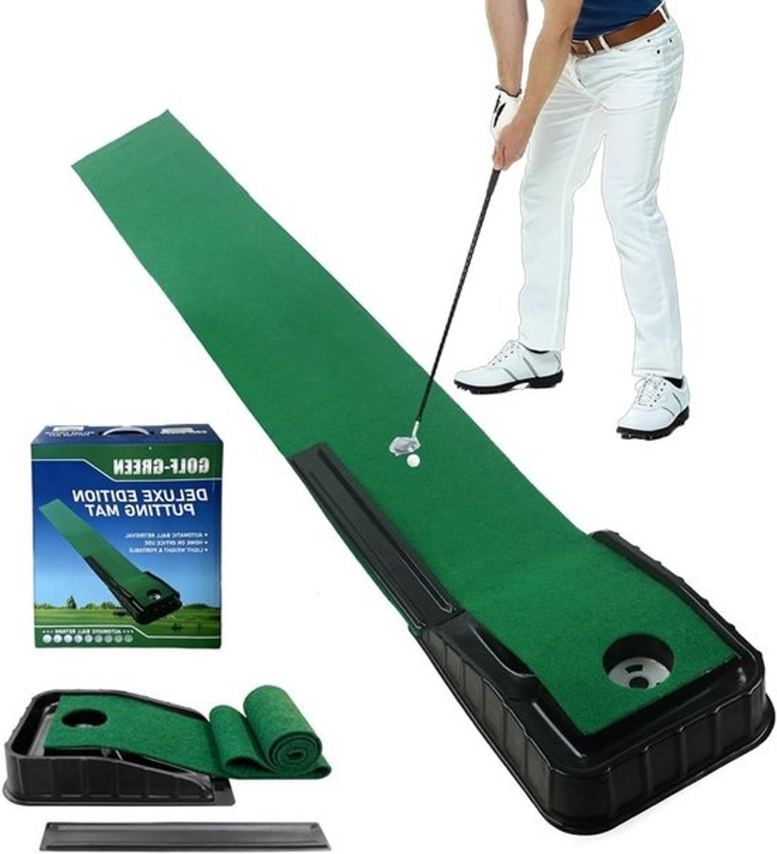 Indoor Putting Green Oefenmat met Automatische Ballenretour, 220cm Golf Putting Mat voor Thuis en Kantoor, Ideaal voor Golftraining en Verbetering van Puttechniek