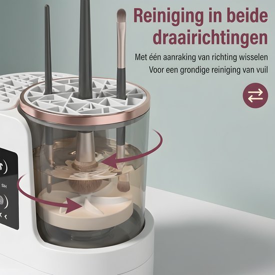 Make-upkwasten draaien in een transparante container met water en reinigingsmiddel, met pijlweergave van de draairichting.