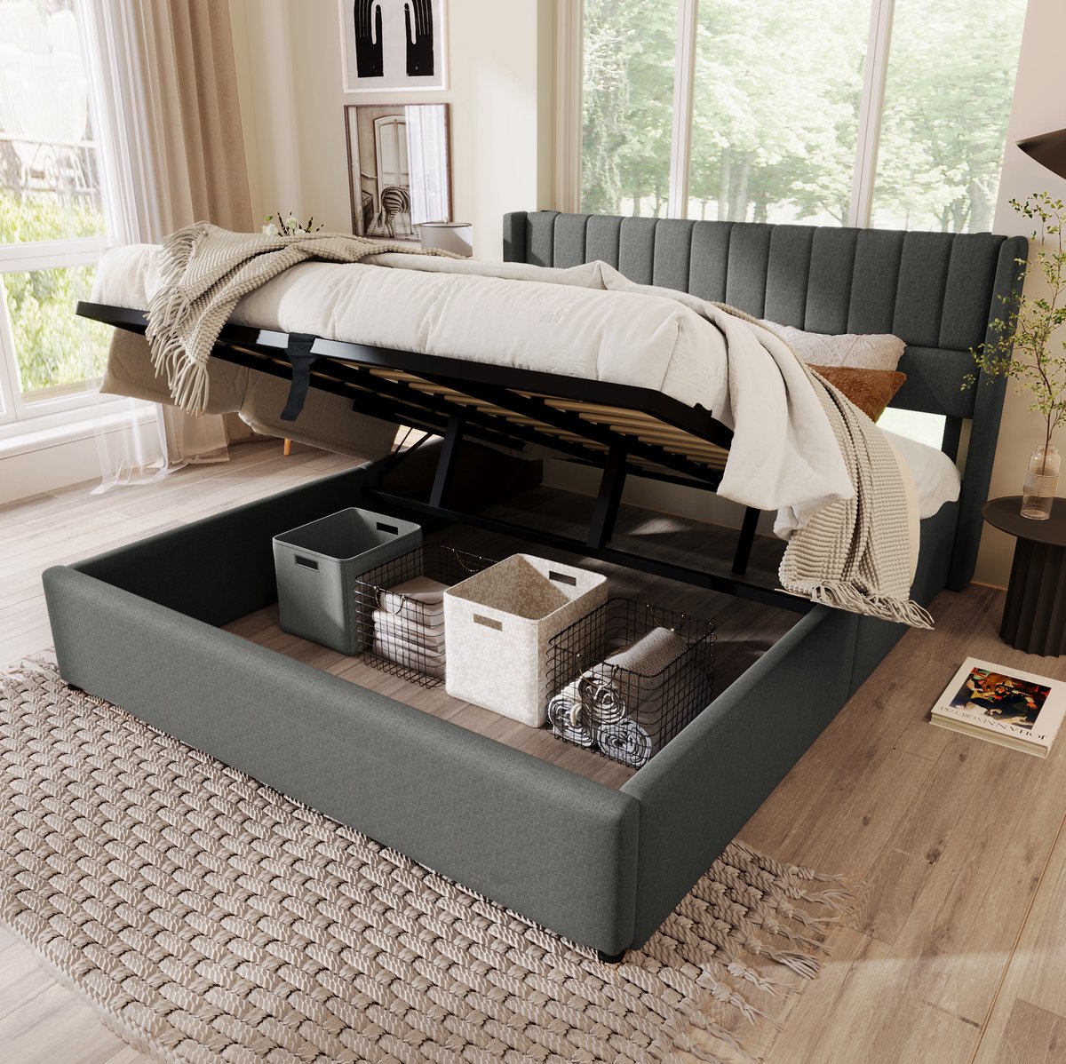 MODFU Bed - Hydraulisch - Opbergruimte - Gestoffeerd - Slaapkamer - Stof - Grijs - 180 X 200 Cm