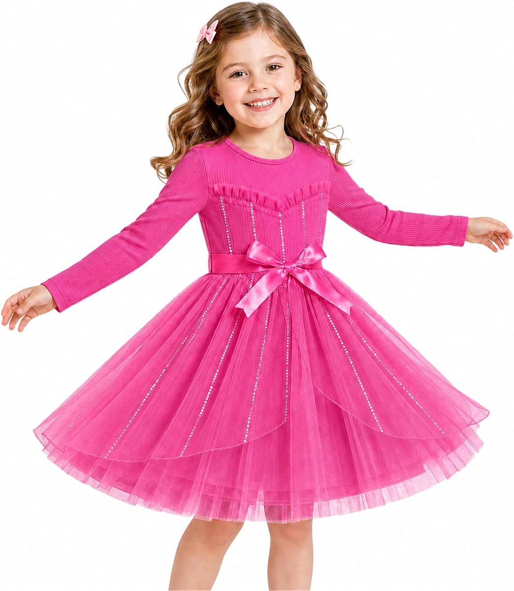 Pailletten en Tule Prinsessenjurk, 5-6 jaar, Rozerood