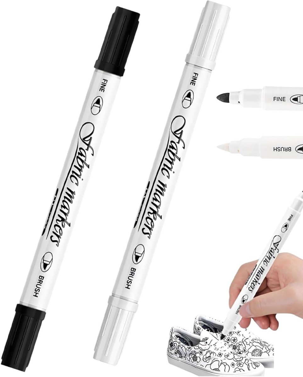 Textielmarker Waschmaschinenfest 2 Stück Zwart Wit Dual-Spitze Stoffmalstifte für Textilien Kleding Schoenen T-shirts DIY Basteln Textilkleur Kochfest Wäschestift Stoffstifte Set