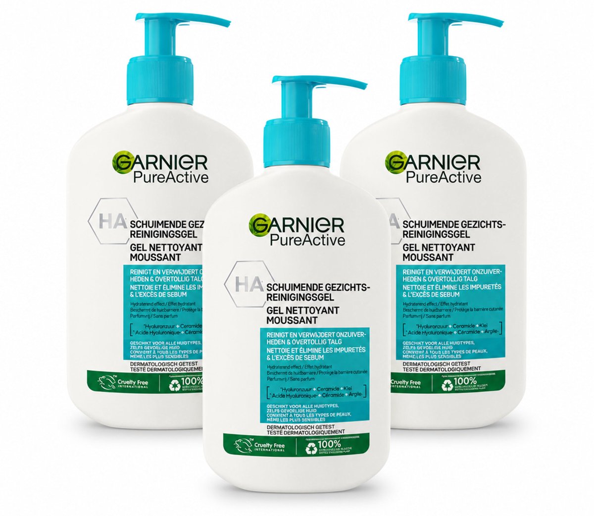 3 x Garnier - Pure Active - Gezichtsreiniger - Hydraterend - 250 ml - Bulkverpakking - 3 stuks