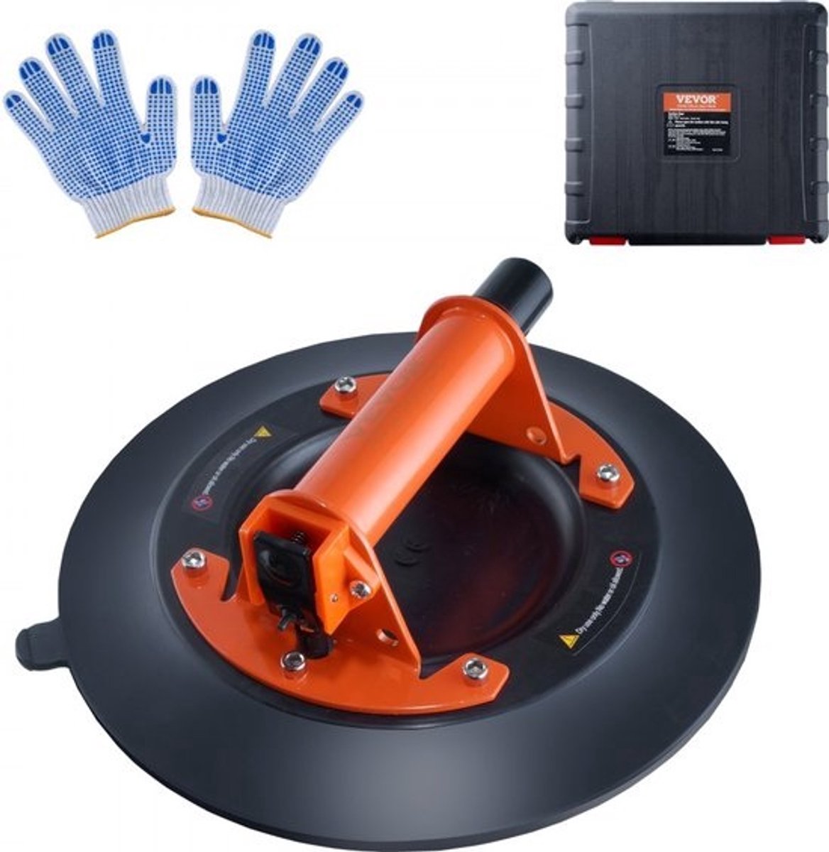 zuignap gemaakt van NBR glasheffer φ254mm vacuümheffer draagvermogen 120-449kg glazen zuignap bedrijfstemperatuur -20-60℃ platenheffer vacuümzuignap met stalen handgreep incl. opbergdoos handschoenen