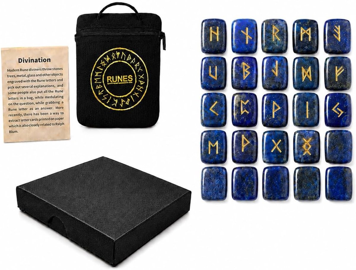 Elder Futhark rune stenen set van 25 stuks van lapis lazuli voor mystiek, meditatie en magie met genezende eigenschappen