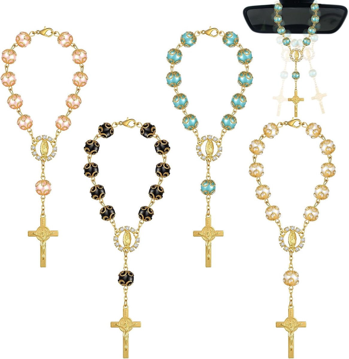 Spiegel opknoping accessoires, 4 stuks auto rozenkrans kralen achteruitkijkspiegel accessoires, kruis auto's opknoping ornament, Auto achteruitkijkrozenkrans hanger voor mannen vrouwen (zwart