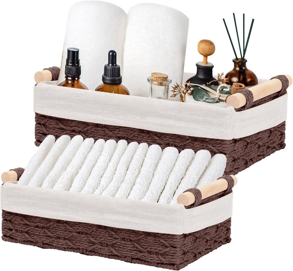 2 stuks katoenen touw opbergmanden, gevlochten mand, badkamermanden, gevlochten mand, opslag voor badkamer, kinderkamer, luiertafel, accessoires, make-up, tampon, 30 x 20 x 10,5 cm, 25 x 15 x 9,8 cm