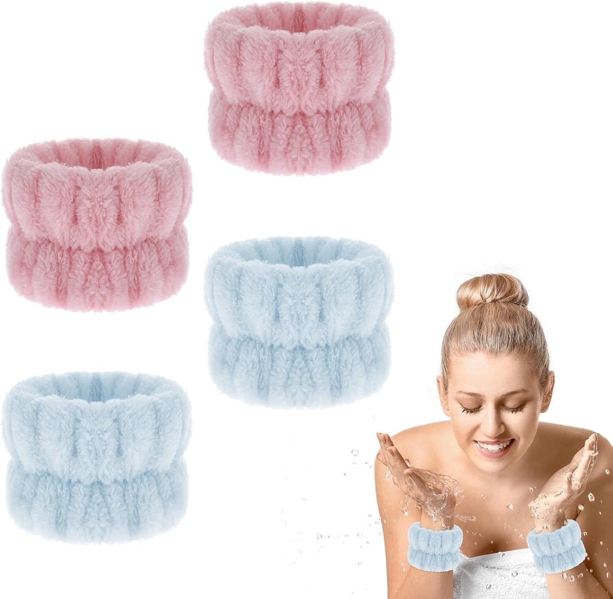 4 stuks polsbandjes spa wasband, microvezel gezichtswasarmbanden, koraal, absorberende armband voor het wassen, polsdoeken voor het wassen van gezicht en douche (roze en blauw)