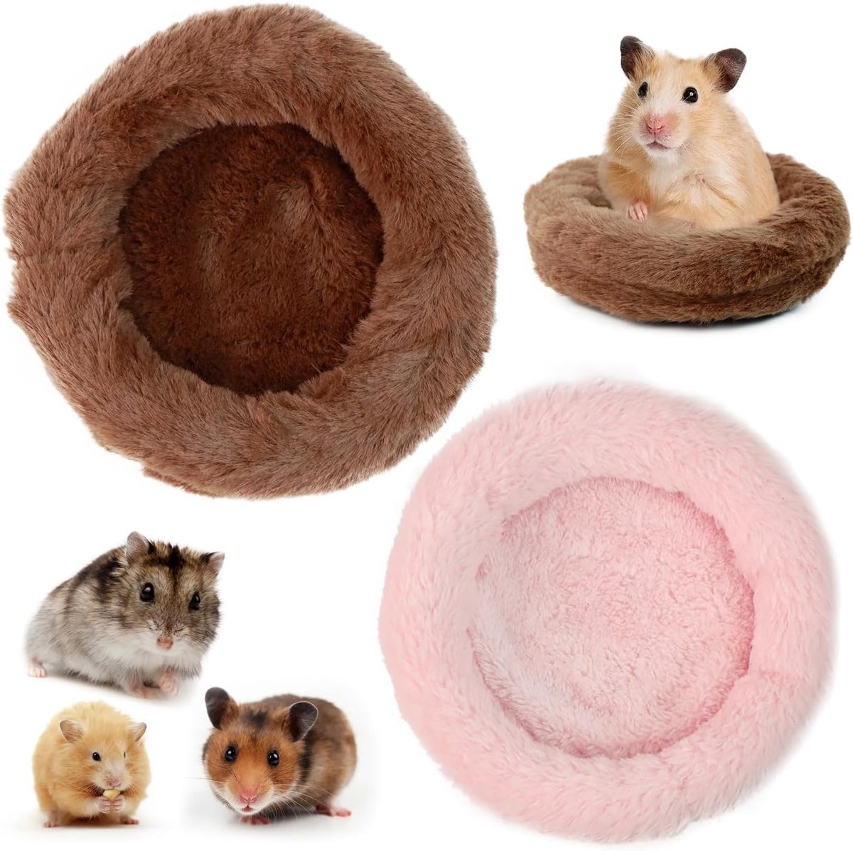 2 stuks cavia's bed konijnenbed, schattige ronde Piggy Crash Mat, zacht en zijdeachtig huisdiernest, warme winteronderlegger voor chinchilla's, luchthoorns en gestreepte eekhoorntjes (roze + bruin)