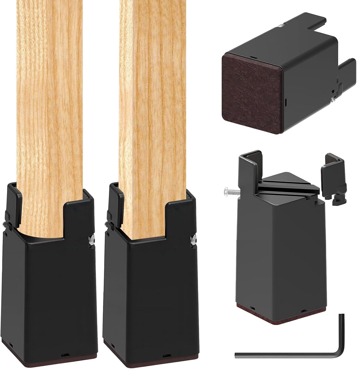 4stuks verstelbare meubelverhogers 10cm, meubelverhogers met schroefklemmen, zwaar belastbaar voor vierkante ronde poten 22-42 mm Stoelen bedden(10 cm zwart)