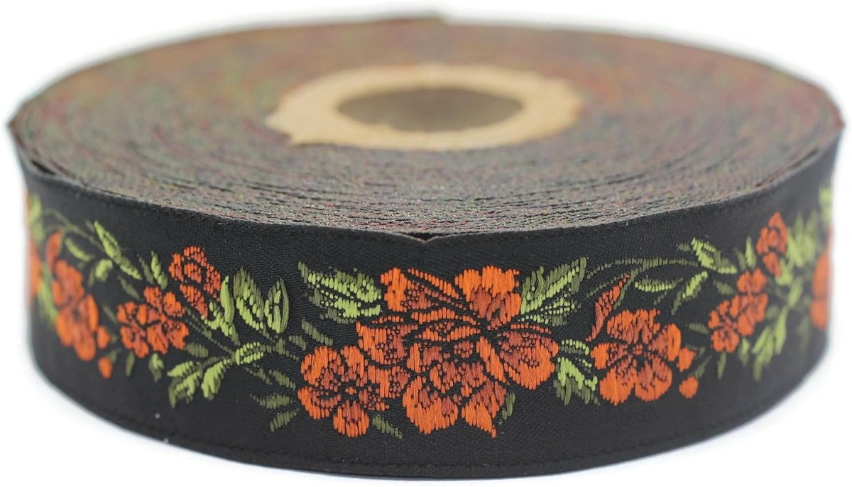 Jacquard Lint Weeft Oranje en Zwart - Middernachtbloem 10 m x 25 mm - Rollen Borduurband voor Naaien Decoratie 25096-V8