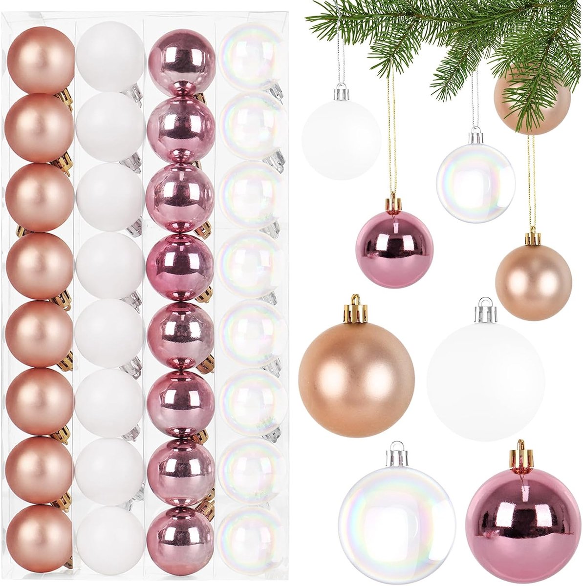 Kerstballen Set, 4 cm Kerstboomballen Kunststof RoséGoud & Wit Kerstboomballen Onbreekbare Kerstdecoratie met Ophanghaakje Kerstdecoratie Ballen