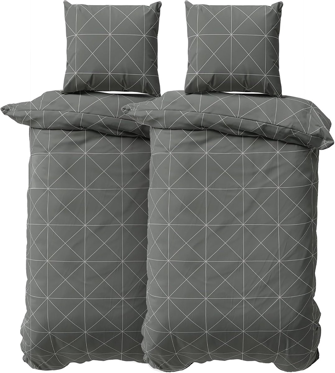 Beddengoed, 135 x 200 cm, 4-delige dekbedovertrekset, beddengoedset 135 x 200 cm, met 2 x kussensloop van 80 x 80 cm, 2 x dekbedovertrek, ademend katoen met ritssluiting, grijs
