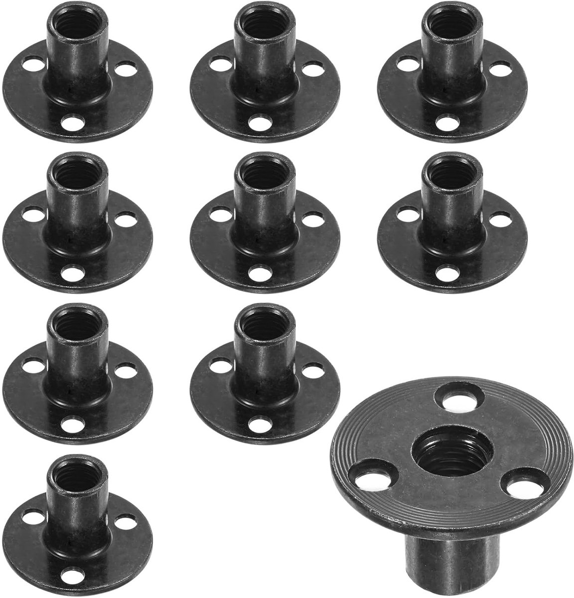 Set van 10 M12 x 25 mm T-groef verzinkt koolstofstaal, T-moer 3-gaats ronde basis, lasmoer, doorgangsgat, meubelbeslag, flens, schroefmoer met binnendraad, zwart