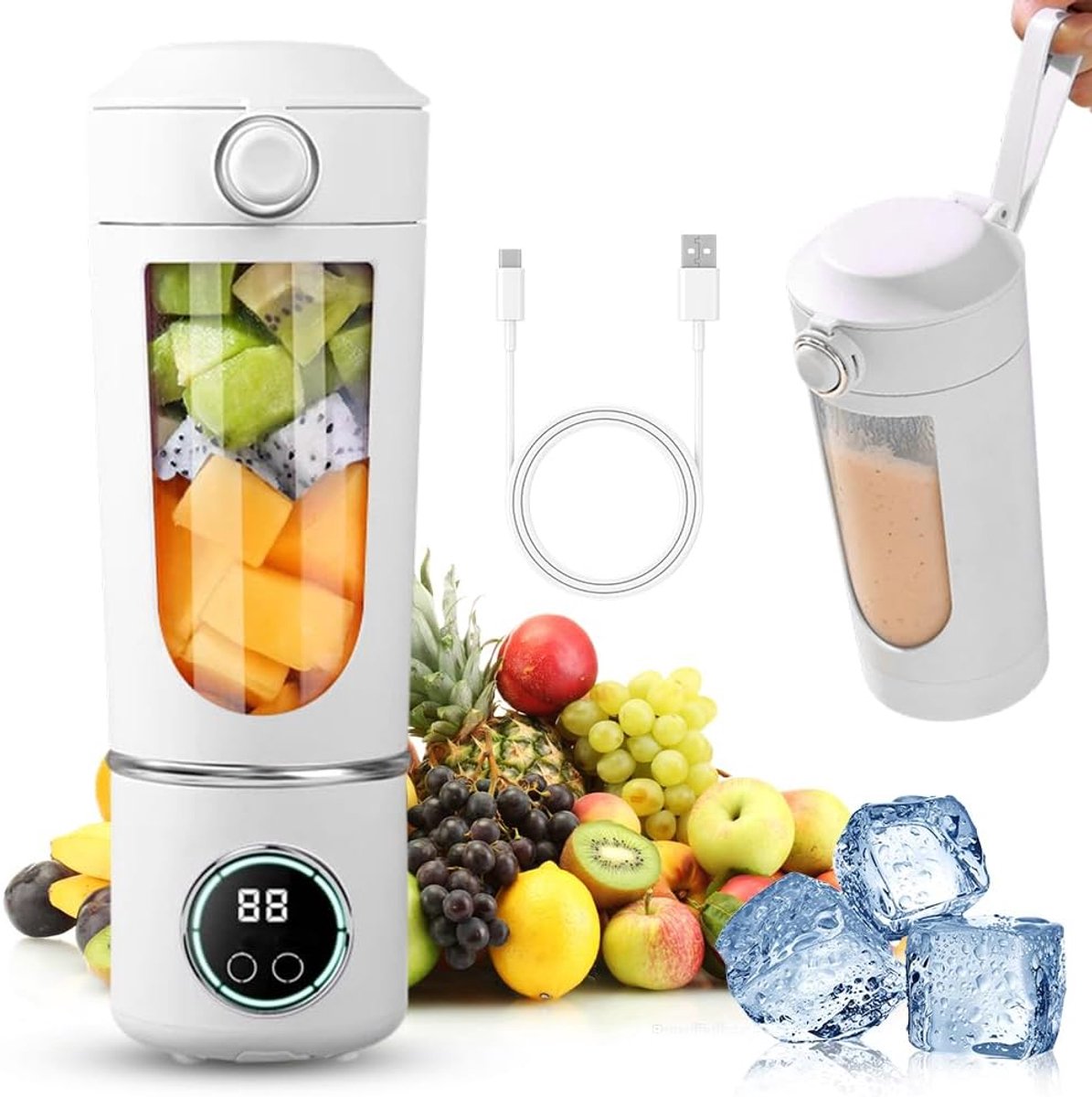 Blender smoothie maker, mixer to go 700 ml, type C oplaadbaar, beker met lekvrij deksel en drinkopening, voor milkshake, sap, smoothie