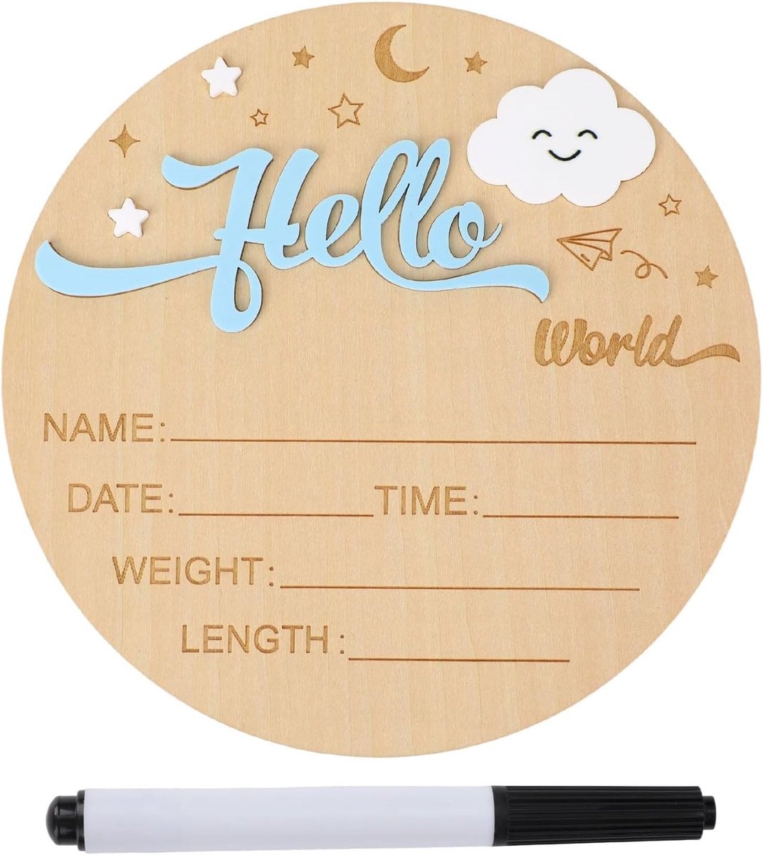 Welkomstborden voor Pasgeborenen, Ronde Houten Maanwolken Van 15cm Hello World Aankondigingsbord Pasgeborenen Foto-Accessoires voor Babyshowers Ziekenhuis Kinderkamer