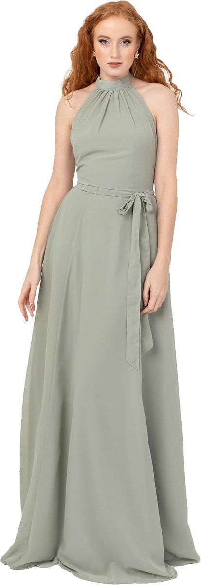 With Love Maxi-jurk voor dames, mouwloos, halterhals, A-lijn, sjerp, strik, riem, gesmoord, bruidsmeisje, bruiloft, gast, gala, baljurk, vorstgroen, 10, Frosty Groen, 36
