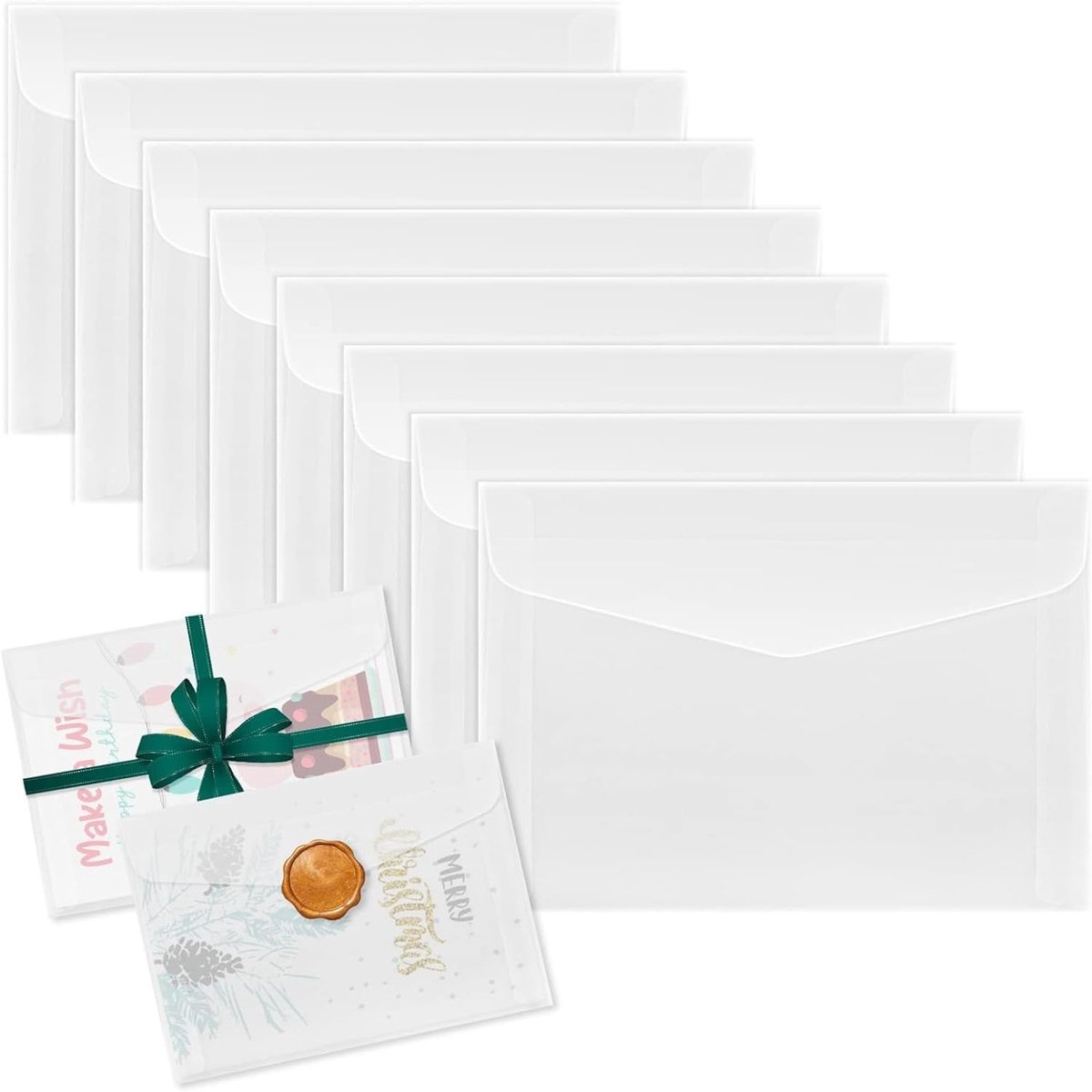 50 transparante perkamentenveloppen voor uitnodigingen, bruiloften, wenskaarten, ansichtkaarten en foto's, wit transparant papier (23 cm x 16,2 cm)