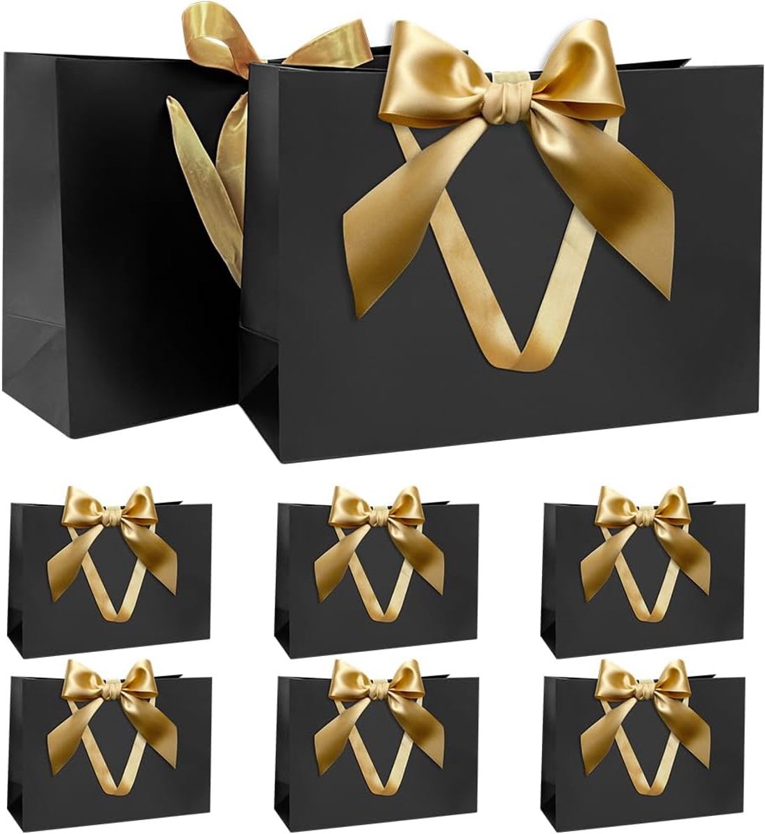 Cadeauzakjes Set, Zwarte Cadeauzak met Lint Cadeauzak met Handvatten 8st 30x20x10cm Cadeauzakjes voor Kerstmis Verjaardag Bruiloft Jubileum