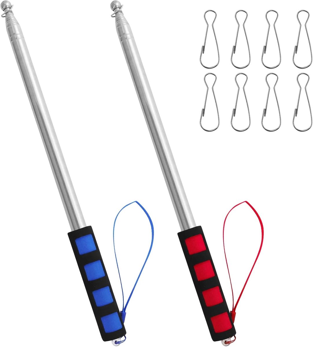 2 stuks telescopische vlaggenmast, 3 m, matte roestvrijstalen vlag, draagbaar, uittrekbaar en 8 stuks vlaggenmasthaken voor toeristische gids, kamperen (blauw en rood)